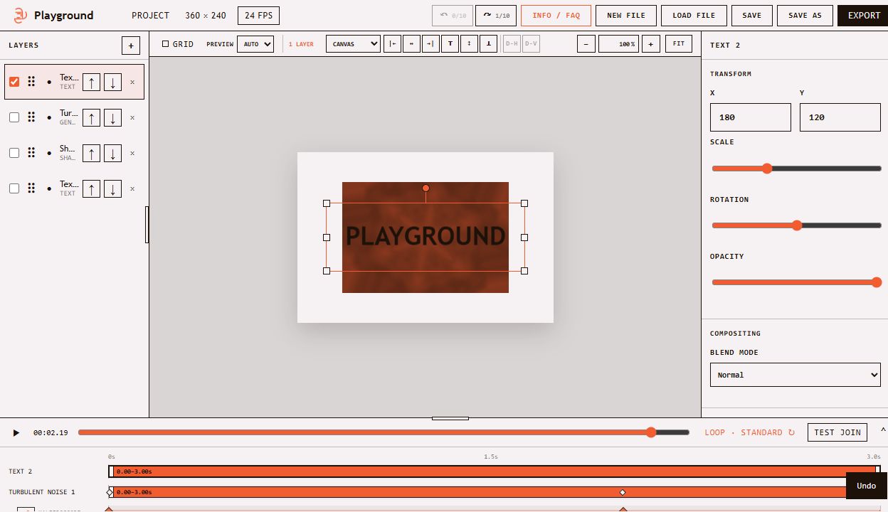 Playground animation editor with layers, controls and timeline